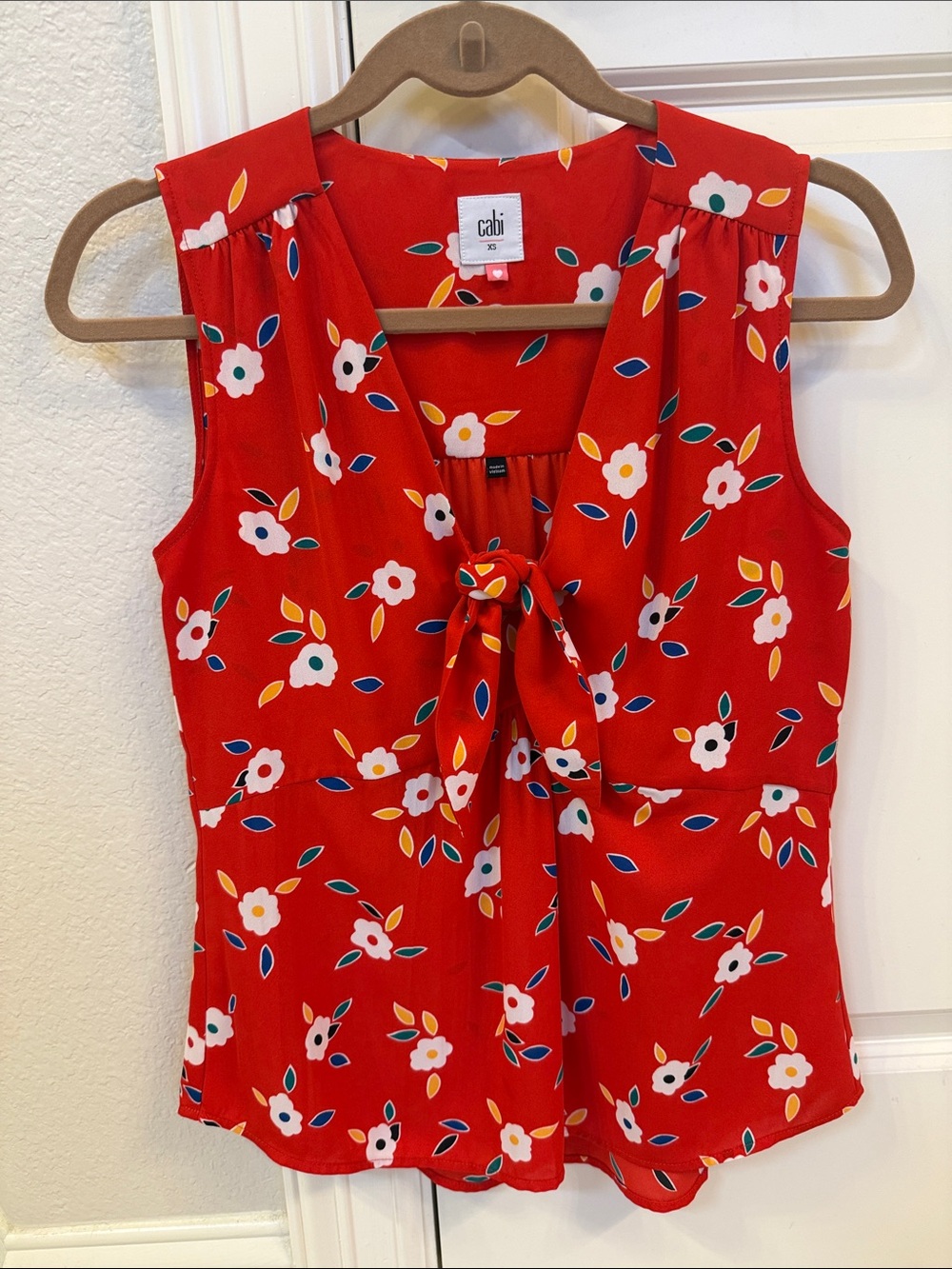 CAbi Red Floral Tie-Neck Sleeveless Blouse